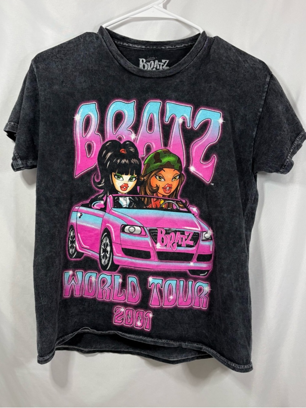 Y2K Vintage Bratz Tour 2001 Black Short-Sleeve Graphic Tee with Pink Car
